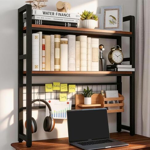 2 Tier Desktop Hutch Bookshelf, Metal Dorm Desk Hutch with Grid Panel, Display Desk Shelf Bookcase Storage Organizer Rack for Dorm Home Office in Saudi Arabia