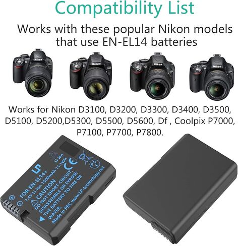 بطارية بديلة LP لـ EN-EL14، بطارية 1500 مللي أمبير في الساعة متوافقة مع كاميرات Nikon D3500، D5600، D3300، D5100، D5500، D3100، D3200، D5200، D5300، D3400، DF، Coolpix P7000، P7100، P7700، P7800 in Kuwait