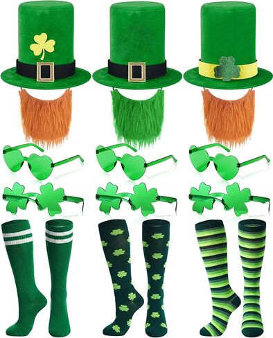 18 Pcs St. Patrick's Day Costume Accessories Set, Green Irish Party Hats Shamrock Glasses Socks Hairpins for Adults in Saudi Arabia