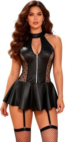 ohyeahlady Women's PU Leather Lingerie with Garter Sexy Nightclub Dress Naughty Dominatrice Outfit Mini Dress in Saudi Arabia