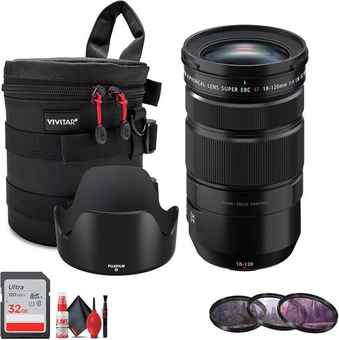 مجموعة عدسات FUJIFILM XF مقاس 18-120 مم f/4 LM PZ WR مع مجموعة تنظيف + مجموعة مرشحات احترافية مكونة من 3 قطع، 72 مم UV/CPL/F + حافظة عدسة + بطاقة ذاكرة سعة 32 جيجابايت in Kuwait
