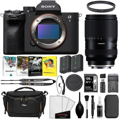 كاميرا سوني ألفا a7 IV الرقمية بدون مرآة | حزمة الجسم مع عدسة Tamron مقاس 25-200 مم f/2.8-5.6 Di III VXD G2 + بطاقة ذاكرة SDXC سعة 128 جيجابايت + فلتر للأشعة فوق البنفسجية + بطارية إضافية + شاحن + حقيبة كاميرا (13 عنصرًا) in Kuwait