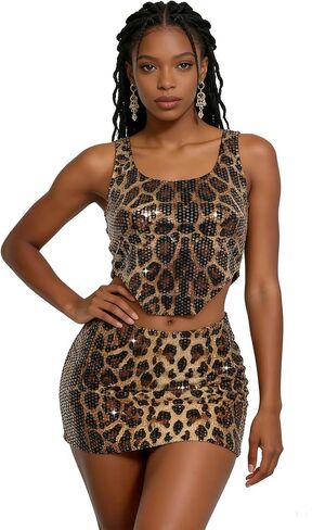 Womens 2 Piece Outfits Cheetah Print Sparkle Sequin Crop Top Mini Skirt Set in Saudi Arabia