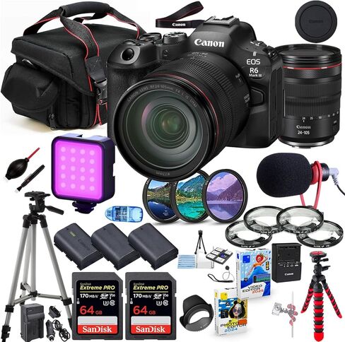 كاميرا Canon EOS R6 Mark III بدون مرآة مع حزمة عدسات USM مقاس 24-105 مم + حزمة متميزة تتضمن ذاكرة فائقة سعة 128 جيجابايت ومرشحات وميكروفون وإضاءة LED وبرامج صور فيديو والمزيد (متجددة) in Kuwait