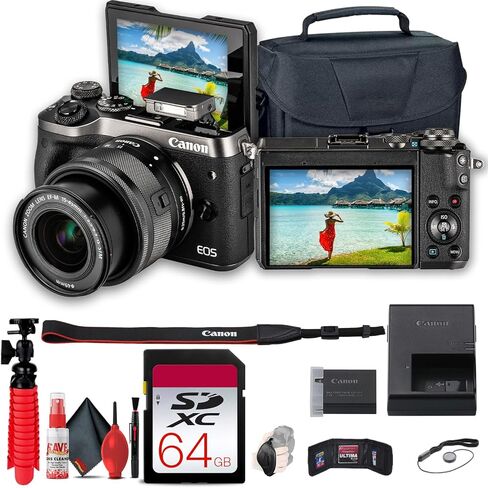 كاميرا Canon EOS M6 الرقمية بدون مرآة مع عدسة 15-45 مم (أسود) + بطاقة ذاكرة 64 جيجابايت + حافظة + حامل ثلاثي مرن + حزام يد + حافظة للغطاء + محفظة ذاكرة + المزيد in Kuwait