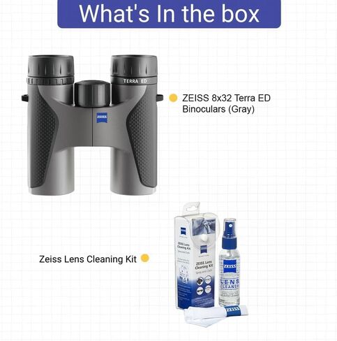منظار Zeiss 8x32 Terra ED (رمادي) مزود بمجموعة العناية بالعدسات ZEISS مع بخاخ وقماش من الألياف الدقيقة (2 أونصة) in Kuwait