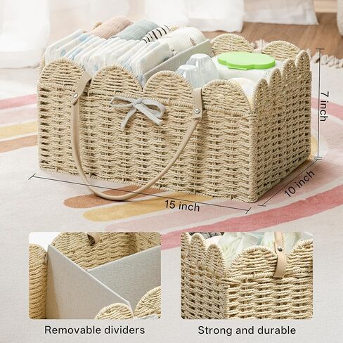 Angelhood Scalloped Paper Rope Diaper Caddy, Woven Floral Baby Diaper Organizer with Dividers for Changing Table, Nursery & Car Portable Baby Gift Basket in Saudi Arabia