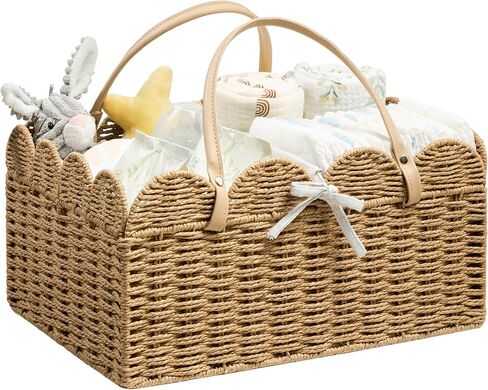 Angelhood Scalloped Paper Rope Diaper Caddy, Woven Floral Baby Diaper Organizer with Dividers for Changing Table, Nursery & Car Portable Baby Gift Basket in Saudi Arabia