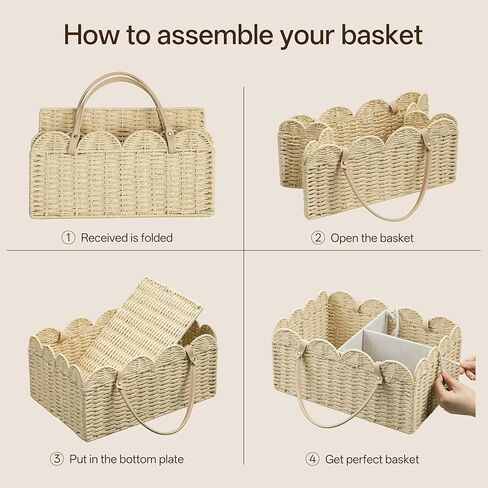 Angelhood Scalloped Paper Rope Diaper Caddy, Woven Floral Baby Diaper Organizer with Dividers for Changing Table, Nursery & Car Portable Baby Gift Basket in Saudi Arabia