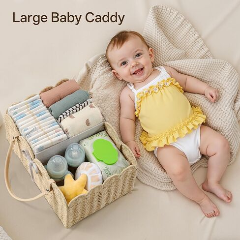 Angelhood Scalloped Paper Rope Diaper Caddy, Woven Floral Baby Diaper Organizer with Dividers for Changing Table, Nursery & Car Portable Baby Gift Basket in Saudi Arabia