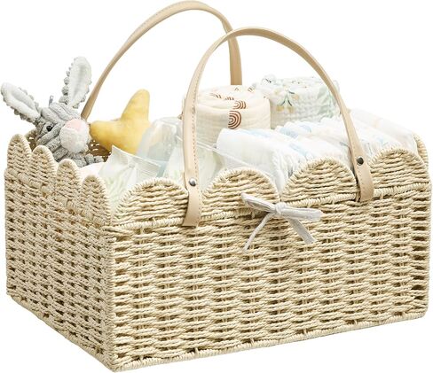 Angelhood Scalloped Paper Rope Diaper Caddy, Woven Floral Baby Diaper Organizer with Dividers for Changing Table, Nursery & Car Portable Baby Gift Basket in Saudi Arabia