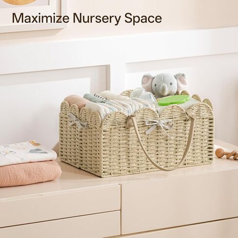 Angelhood Scalloped Paper Rope Diaper Caddy, Woven Floral Baby Diaper Organizer with Dividers for Changing Table, Nursery & Car Portable Baby Gift Basket in Saudi Arabia