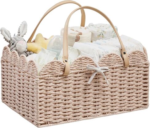 Angelhood Scalloped Paper Rope Diaper Caddy, Woven Floral Baby Diaper Organizer with Dividers for Changing Table, Nursery & Car Portable Baby Gift Basket in Saudi Arabia
