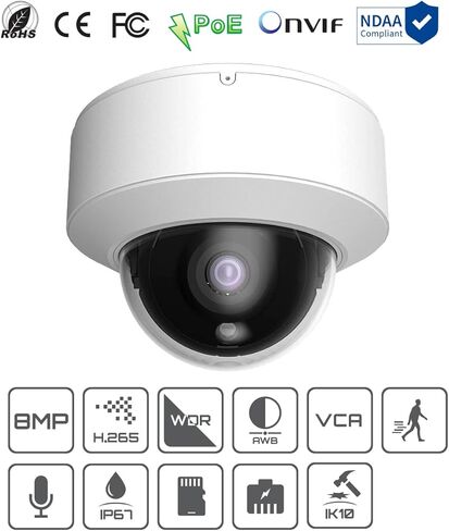 كاميرا شبكة تيتانيوم IP-5VP8S3B3-MZ بدقة 8 ميجابكسل HD Vari-Focal Dome، عدسة بمحرك 8 ميجابكسل @ 20FPS مقاس 2.8-12 مم WDR VCA ميكروفون مدمج وفتحة SD متوافقة مع NDAA كاميرا IP PoE مقاومة للتخريب in Kuwait