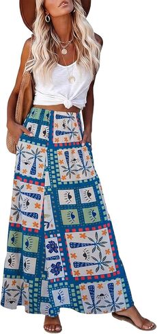 EXLURA Womens Summer Elastic Waist Floral Print Maxi Long Skirt Midi Flowy Skirt Spring Boho Beach Vacation Outfits Pockets in Saudi Arabia