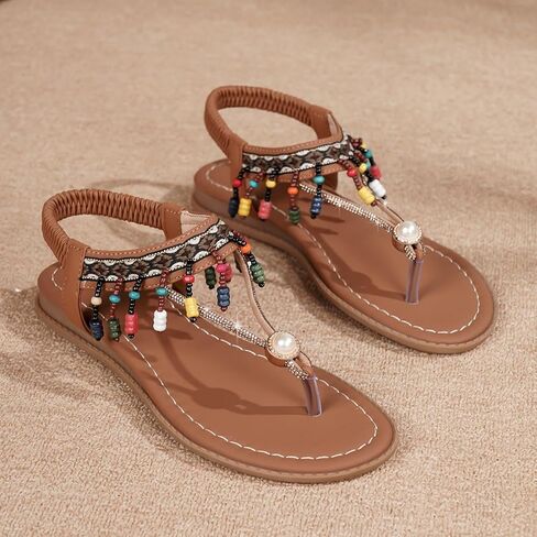 Women's Boho Sandals Vintage Beaded Thong Flip Flops Roman Style Casual Versatile Flat Beach Sandals for Women in Saudi Arabia