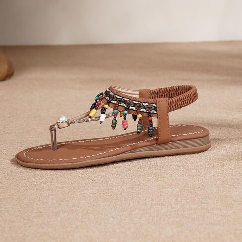 Women's Boho Sandals Vintage Beaded Thong Flip Flops Roman Style Casual Versatile Flat Beach Sandals for Women in Saudi Arabia