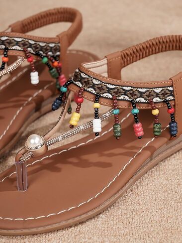 Women's Boho Sandals Vintage Beaded Thong Flip Flops Roman Style Casual Versatile Flat Beach Sandals for Women in Saudi Arabia