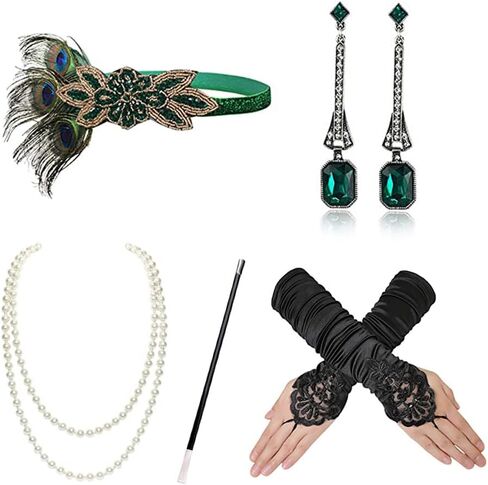 1920s Gatsby Accessories Set for Women Flapper Costume 20s Flapper Headband Pearl Necklace Gloves Plastic Holder in Kuwait