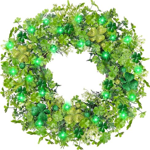 St Patricks Day Decorations St Patricks Day Wreaths for Front Door, Shamrock Wreath with 20 Green Lights Timer Clover Flower 18 Inch Artificial Spring Wreath St Patricks Day Decor for Home Wall Window in Saudi Arabia