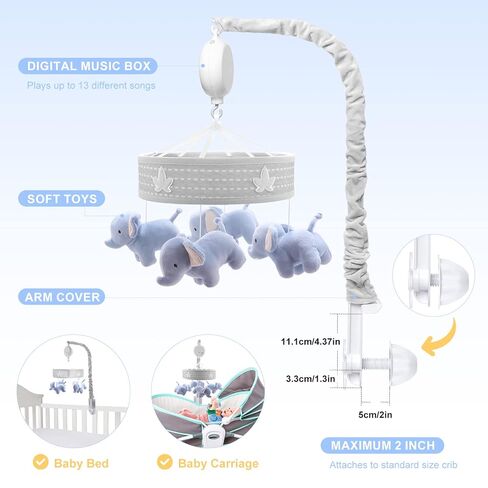YUNGCHI Baby Mobile لسرير الأطفال والهواتف المحمولة الموسيقية للفتيات، ألعاب لسرير الطفل كاروسيل موبايل بوي المحمول للحزمة واللعب، مشبك تزيين سرير الفيل على الهاتف المحمول للسرير in Saudi Arabia