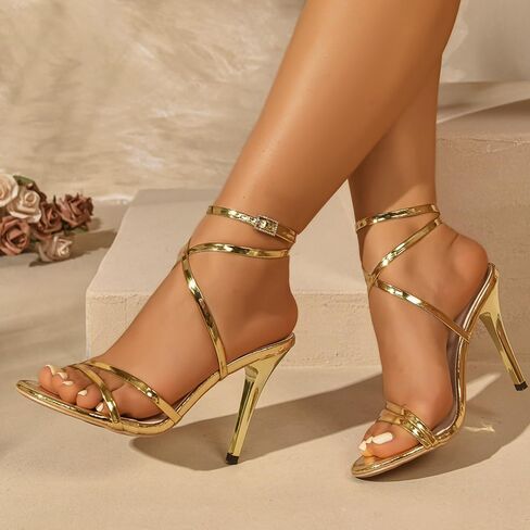 Women's Strappy Stiletto High Heel Sandals Glossy Patent Ankle Wrap Dress Heels with Adjustable Buckle, Elegant Party Evening Club Wedding Footwear in Saudi Arabia