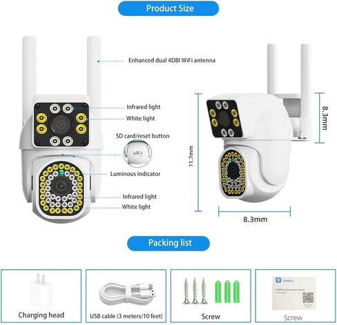 V380 Pro 2MP IP66 Dual Lens Dual Picture Outdoor WiFi IP Camera No Dead Corner Ball Integrated Security Surveillance Phone APP(US Plug,Camera and 128G Card) in Saudi Arabia