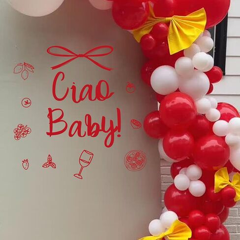 ملصق Ciao Baby - ديكور حمام الطفل Ciao Bambino، ملصق ديكور للحفلات بطابع إيطالي يكشف عن الجنس، علامة قوس بيتزا طماطم النبيذ، علامة ترحيب بالطفل على شكل قوس بالون (أحمر ciao Baby) in Kuwait