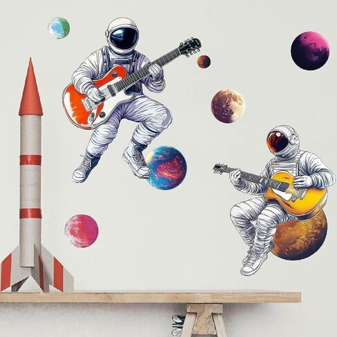 SUPERDANT 3D Astronaut Guitar Wall Sticker Space Wall Decals Peel and Stick Large Size Vinyl Art Mural for Home Playroom Boy's Bedroom Kids Room Livingroom Nursery Decoration Gifts in Kuwait