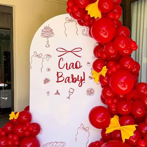 ملصق Ciao Baby - ديكور حمام الطفل Ciao Bambino، ملصق ديكور للحفلات بطابع إيطالي يكشف عن الجنس، علامة قوس بيتزا طماطم النبيذ، علامة ترحيب بالطفل على شكل قوس بالون (أحمر ciao Baby) in Kuwait