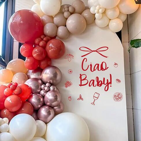 ملصق Ciao Baby - ديكور حمام الطفل Ciao Bambino، ملصق ديكور للحفلات بطابع إيطالي يكشف عن الجنس، علامة قوس بيتزا طماطم النبيذ، علامة ترحيب بالطفل على شكل قوس بالون (أحمر ciao Baby) in Kuwait