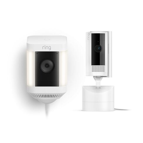 كاميرا Ring Pan-Tilt الداخلية، باللون الأبيض مع كاميرا Ring Spotlight Cam Plus Plug-In، باللون الأبيض in Kuwait