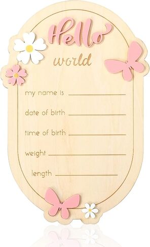 Wooden Baby Announcement Sign, Hello World Newborn Signs Daisy Butterfly Decors Welcome Baby Arrival Plaque for Hospital Nursery Home Decoration Gifts Boys Girls Photo Prop in Kuwait