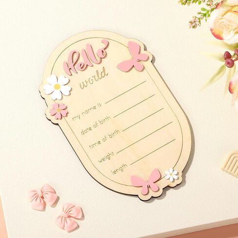 Wooden Baby Announcement Sign, Hello World Newborn Signs Daisy Butterfly Decors Welcome Baby Arrival Plaque for Hospital Nursery Home Decoration Gifts Boys Girls Photo Prop in Kuwait