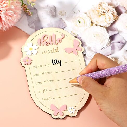 Wooden Baby Announcement Sign, Hello World Newborn Signs Daisy Butterfly Decors Welcome Baby Arrival Plaque for Hospital Nursery Home Decoration Gifts Boys Girls Photo Prop in Kuwait