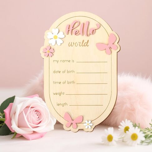 Wooden Baby Announcement Sign, Hello World Newborn Signs Daisy Butterfly Decors Welcome Baby Arrival Plaque for Hospital Nursery Home Decoration Gifts Boys Girls Photo Prop in Kuwait
