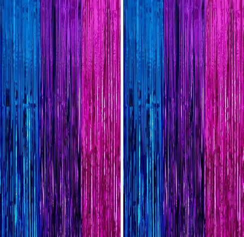 2 Pack 3.3x6.6ft Blue Purple Hot Pink Metallic Tinsel Foil Fringe Backdrop Door Streamers Butterfly Mermaid Girls Birthday Bridal Baby Shower Halloween Graduation Music Hunters Theme Party Decoration in Saudi Arabia