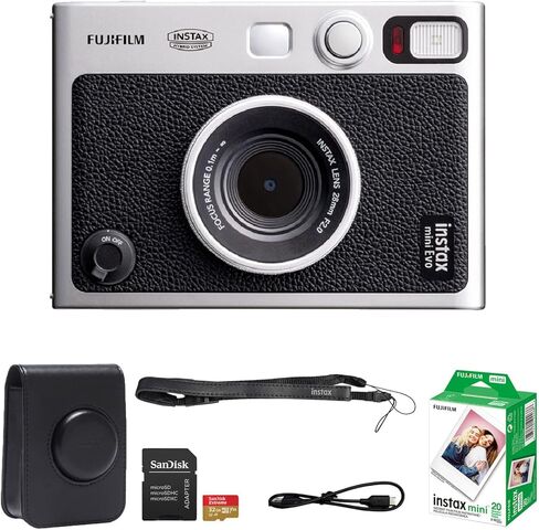 كاميرا فوجي فيلم Instax Mini EVO Hybrid الفورية (أسود) مع حافظة ناعمة، فيلم Instax Mini الفوري (20 صورة)، وبطاقة ذاكرة UHS-I microSDHC سعة 32 جيجابايت مع محول SD - مجموعة حزمة in Kuwait