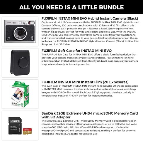 كاميرا فوجي فيلم Instax Mini EVO Hybrid الفورية (أسود) مع حافظة ناعمة، فيلم Instax Mini الفوري (20 صورة)، وبطاقة ذاكرة UHS-I microSDHC سعة 32 جيجابايت مع محول SD - مجموعة حزمة in Kuwait
