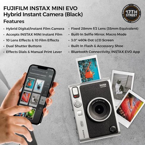 كاميرا فوجي فيلم Instax Mini EVO Hybrid الفورية (أسود) مع حافظة ناعمة، فيلم Instax Mini الفوري (20 صورة)، وبطاقة ذاكرة UHS-I microSDHC سعة 32 جيجابايت مع محول SD - مجموعة حزمة in Kuwait