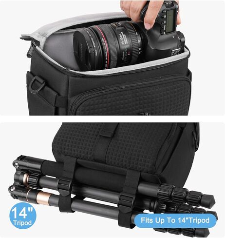 حقيبة كاميرا موسيسو للمصورين، حقيبة كتف للتصوير الفوتوغرافي لكاميرات DSLR/SLR/عديمة المرايا، حافظة كاميرا مع جيب شبكي أمامي مربع وغطاء للمطر وحامل ثلاثي القوائم سفلي لكاميرات Canon/Nikon/Sony، أسود in Kuwait