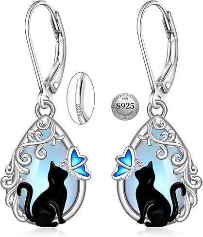 أقراط القط Moonstone أقراط القطة السوداء للنساء من الفضة الإسترلينية لطيف تخريمي القطط فراشة تتدلى قطرة القرط مجوهرات Leverback هدايا عيد الهالوين in Kuwait