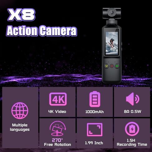 كاميرا X8 4K Vlogging مع WiFi، عدسة قابلة للدوران 270 درجة، كاميرا جيب بشاشة 1.99 بوصة IPS 170*320P لمدونات الفيديو، بطارية 1000 مللي أمبير في الساعة، كاميرات محمولة، مسجل فائق الدقة للاستخدام اليومي والاجتماعات (أسود) in Kuwait