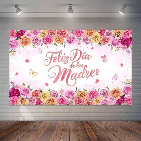خلفية Feliz Dia De Las Madres خلفية وردية ساخنة وزهور إسبانية لعيد الأم وديكورات حفلات عيد الأم السعيدة وخلفية التصوير الفوتوغرافي لطاولة الكعك (7 × 5 أقدام) in Kuwait