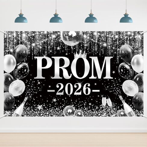 6x3.6ft Black and Silver Prom 2026 Backdrop, Silver Prom Send off Banner, Disco Balloons Champagne Graduation Party Decorations, Class of 2026 Glitter Party Decor, Congrats Grad Cake Smash Photo Props in Saudi Arabia