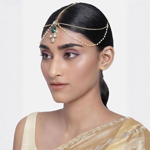 قطعة رأس من I Jewels مطلية بالذهب 18 قيراط لحفلات الزفاف الهندية ولؤلؤ بوليوود/عصابات رأس/سلسلة رأس/Mathapatti/Maang Tikka للنساء (T1083) in Saudi Arabia