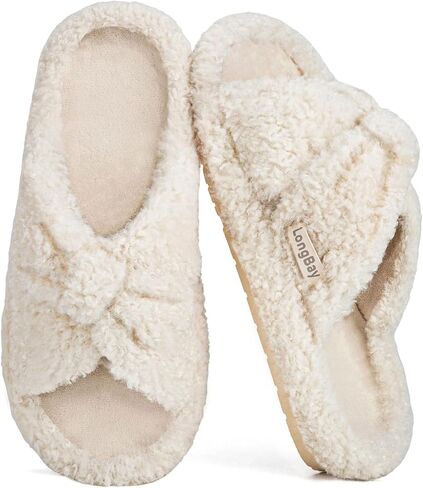 LongBay Womens Fuzzy Slippers Open Toe Memory Foam Supportive House Shoes Bow Crossbands Indoor Bedroom Slides Gift in Saudi Arabia
