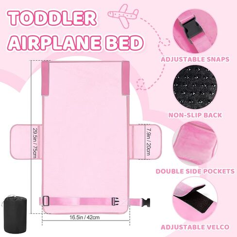 omzer Toddler Airplane Bed,Kids Airplane Seat Extender Travel Bed - Soft Velvet with Double-Side Pockets,Kids Airplane Travel Essentials,Portable Plane Foot Rest for Flights Pink in Kuwait