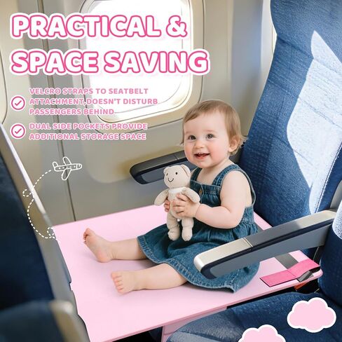 omzer Toddler Airplane Bed,Kids Airplane Seat Extender Travel Bed - Soft Velvet with Double-Side Pockets,Kids Airplane Travel Essentials,Portable Plane Foot Rest for Flights Pink in Kuwait