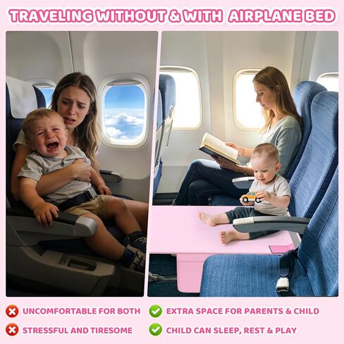 omzer Toddler Airplane Bed,Kids Airplane Seat Extender Travel Bed - Soft Velvet with Double-Side Pockets,Kids Airplane Travel Essentials,Portable Plane Foot Rest for Flights Pink in Kuwait